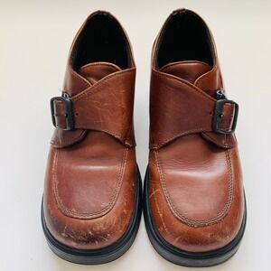 American Eagle Outfitters Leather Heeled Loafers Brown Buckle Chunky Shoes Sz 6